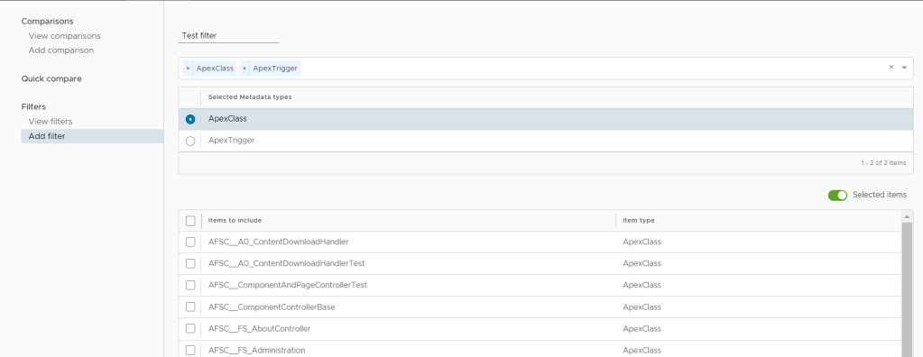 salesforce metadata filter, add